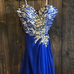 Mac Duggal blue sequin prom dress